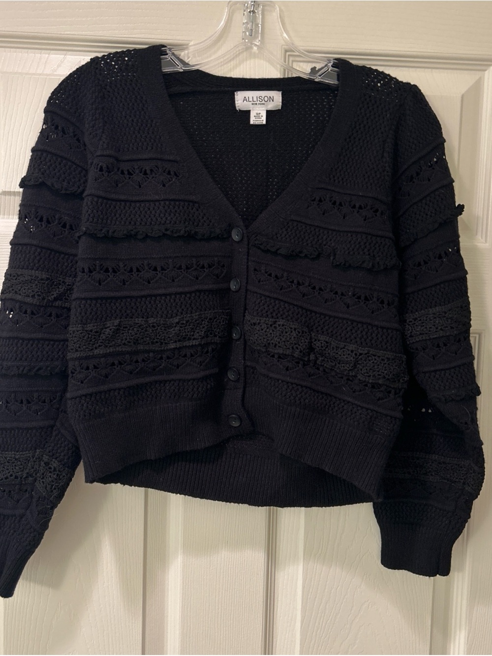 Allison NY Black Crochet-Detail V-Neck Button Cardigan